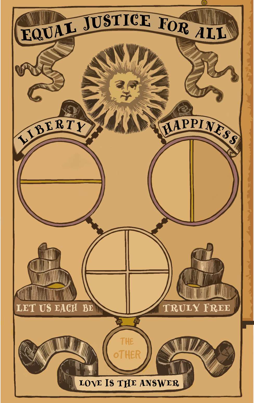 a poster calling for Equal Justice for All focusing on Liberty Happiness and Love