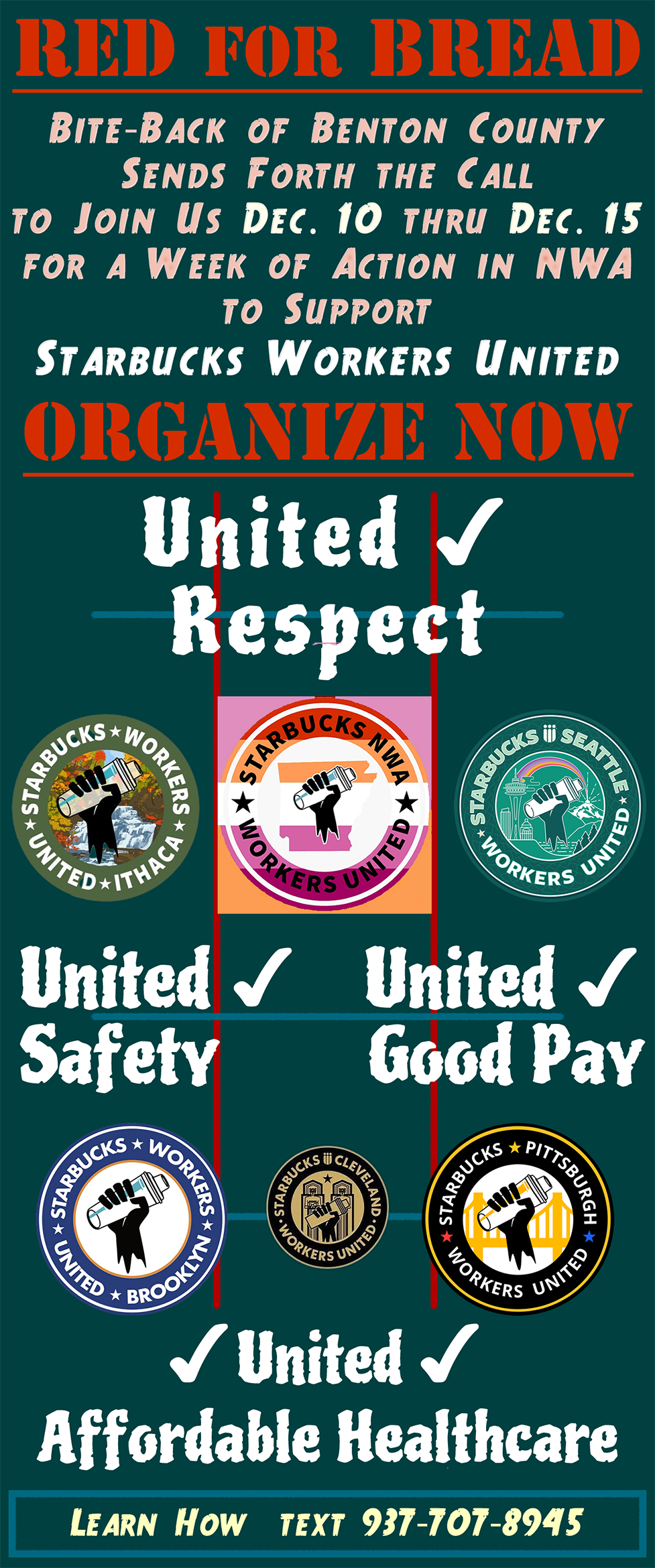 a new poster for a new week of Dec 10 thru 15 when Starbucks Workers United goes into action to help build a Union for baristas