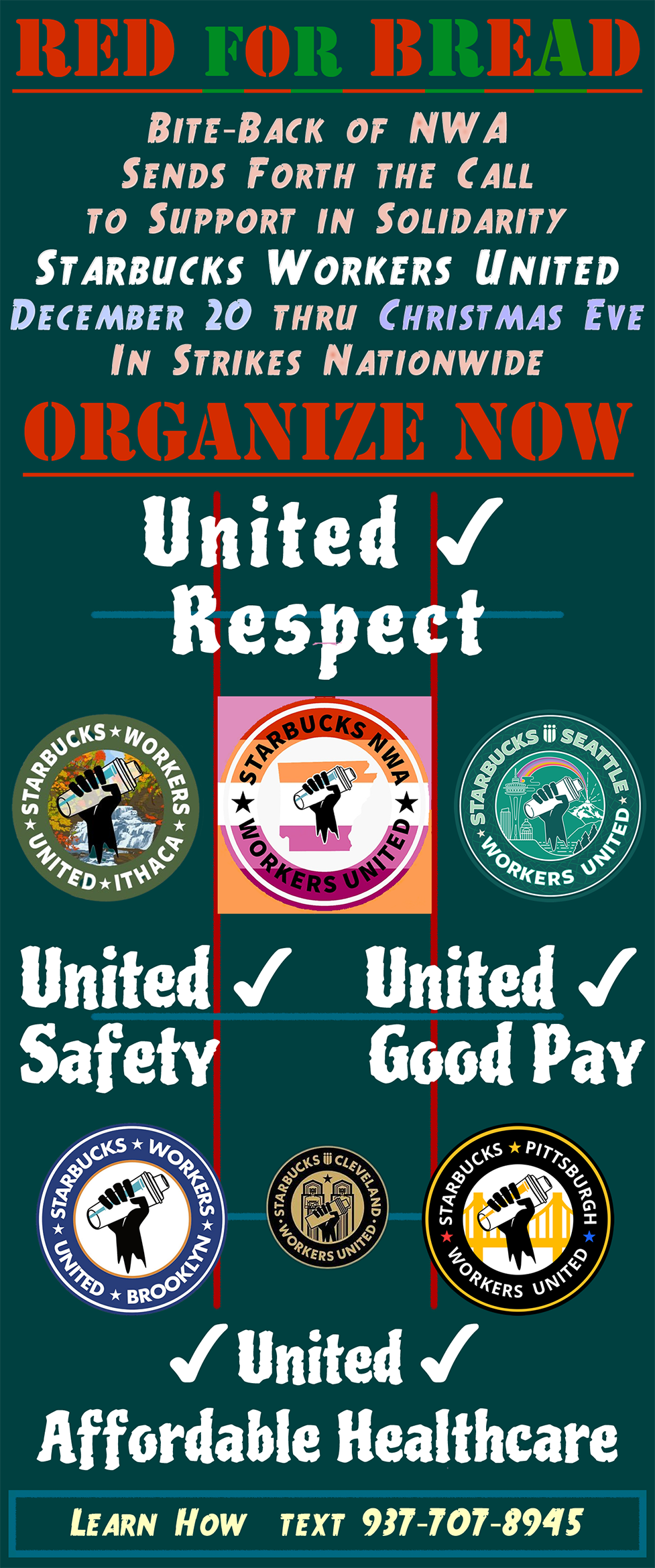 a poster in solidarity of Starbucks Workers United strike action Dec 20 thru Christmas Eve to help build a Union for baristas