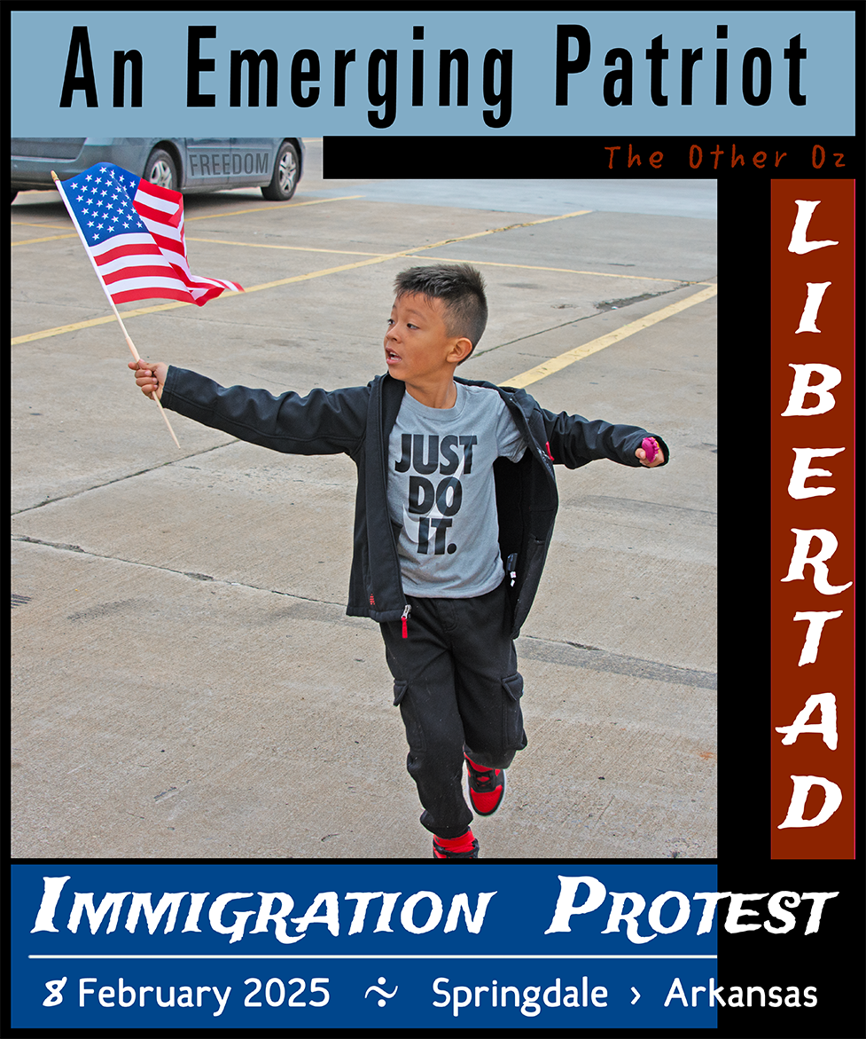 A young boy holding an American flag at an immigration protest in Springdale, Arkansas, on February 8, 2025. This image represents the hope and future of immigrants in the United States